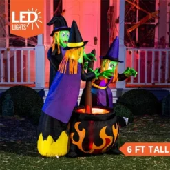 Joyfy 6 FT Halloween Inflatables Outdoor Decoration, Three Witch Around Cauldron Inflatable For Halloween Yard Garden Lawn Outdoor Indoor Decoration