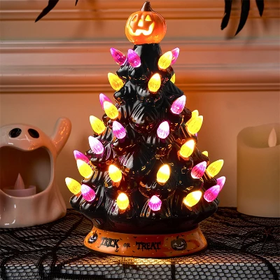 Joyfy 8.5'' Tall Halloween Tabletop Tree Decoration, Pumpkin Gnome Ceramic Tree With Built-in LEDs For Halloween Party Supplies Indoor Decorations - Image 9