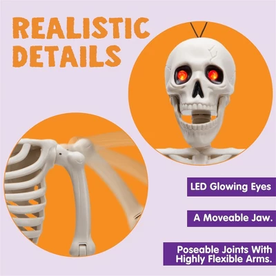 Joyfy 24'' Halloween Skeleton Decorations With LED Glowing Eyes Full Body Posable For Indoor/Outdoor Decor Spooky Scene Party Favors Graveyard Props
