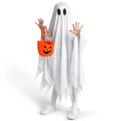 Joyfy Halloween Ghost Costume For Kids White Ghost With Pumpkin Bag For Kids' Halloween Dress Up Party For Girls' Boys' Cosplay