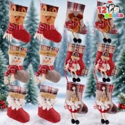 Joyfy 12 Pcs Mini Christmas Stockings, Xmas Santa Snowman Reindeer Burlap Stockings For Christmas Tree Holiday Decoration Present Holders Treat Bags