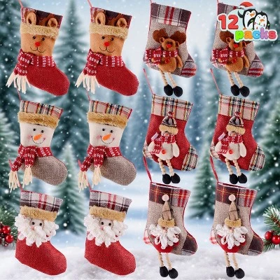 Joyfy 12 Pcs Mini Christmas Stockings, Xmas Santa Snowman Reindeer Burlap Stockings For Christmas Tree Holiday Decoration Present Holders Treat Bags