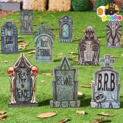 Joyfy 9 Pcs 16" Halloween Tombstones Outdoor Cemetery Decor, Yard Lawn Graveyard Plastic Headstones With 18 Metal Stakes For Party Prop Supplies