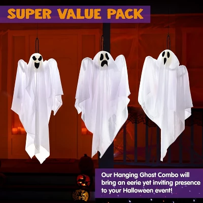 Joyfy 3Pcs Halloween Hanging Ghosts Outdoor Decorations, 27.5in White Flying Ghost Halloween Party Decor For Front Yard Patio Lawn Garden Trees - Image 2