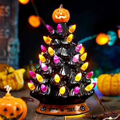 Joyfy 8.5'' Tall Halloween Tabletop Tree Decoration, Pumpkin Gnome Ceramic Tree With Built-in LEDs For Halloween Party Supplies Indoor Decorations - Image 7