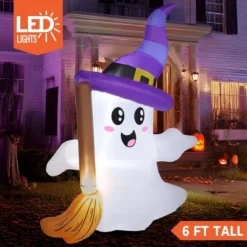 Joyfy 6 FT Tall Halloween Inflatables Outdoor Decorations, Inflatable Cute Ghost Holding Broom With LEDs For Halloween Outdoor Yard Garden Lawn Decor