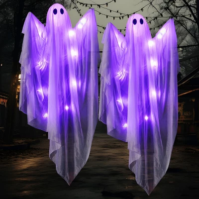 Joyfy 47” Halloween Hanging Ghost Outdoor Decoration, Flying Ghosts With Warm LED Light Party Decor Prop For Front Yard Patio Garden 2 Pack - Image 12