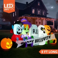 Joyfy 8 FT Long Inflatable Halloween Outdoor Decorations, Inflatable Pumpkin Ghost Vampire Witch Tombstone With LEDs For Yard Garden Lawn Decorations
