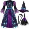 Joyfy Halloween Costume Witch Dress With Broom And Hat For Girls, Kids Moon Shimmer Costume Set For Wizard Role Play Themed Parties