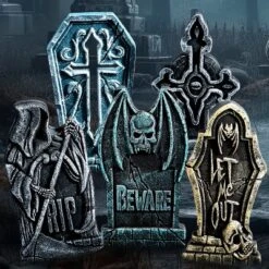 Joyfy 5Pcs 17" Halloween Foam RIP Graveyard Tombstones Decorations, Headstones Graveyard Cemetery Gravestones Prop With 12 Stakes, Yard Lawn Garden