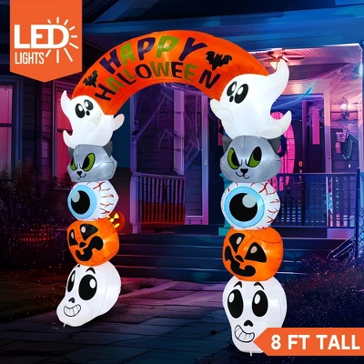 Joyfy 8 FT Tall Halloween Inflatable Outdoor Decoration, Cute Stacking Ghost Inflatable Archway With LEDs For Halloween Yard Garden Lawn Decoration