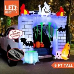 Joyfy 6FT Tall Halloween Inflatable Outdoor Decorations, Inflatable Haunted Castle With Built-in LEDs Trunk Or Treat Car Decorations For Outside Decor