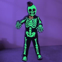 Joyfy Boys' Halloween Costume Glows In The Dark Skeleton Costume, Black Skelebones Jumpsuit, Bone Halloween Costume