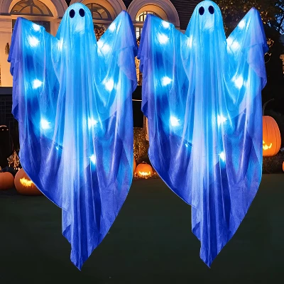 Joyfy 47” Halloween Hanging Ghost Outdoor Decoration, Flying Ghosts With Warm LED Light Party Decor Prop For Front Yard Patio Garden 2 Pack - Image 11