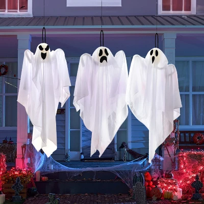 Joyfy 3Pcs Halloween Hanging Ghosts Outdoor Decorations, 27.5in White Flying Ghost Halloween Party Decor For Front Yard Patio Lawn Garden Trees - Image 8