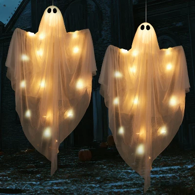 Joyfy 47” Halloween Hanging Ghost Outdoor Decoration, Flying Ghosts With Warm LED Light Party Decor Prop For Front Yard Patio Garden 2 Pack - Image 13