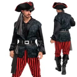 Joyfy Men Pirate Costume, Adult Pirate Shirt Vest Viking Pants Hat Set For Halloween Themed Parties