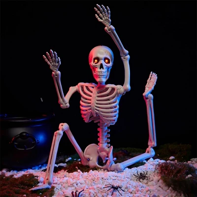 Joyfy 24'' Halloween Skeleton Decorations With LED Glowing Eyes Full Body Posable For Indoor/Outdoor Decor Spooky Scene Party Favors Graveyard Props - Image 7