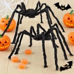 Joyfy 2 Packs 47" Scary Spider Halloween Outdoor Decor, Fake Hairy Black Spider Haunted House Props Creepy Yard Lawn Party Indoor Supplies