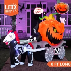 Joyfy 8 FT Long Halloween Inflatable Outdoor Decoration, Inflatable Pumpkin Carriage With Build-in LEDs For Halloween Outdoor Yard Graden Lawn Decor
