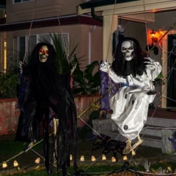 Joyfy 2 Packs 36" Halloween Hanging Swinging Skeleton With Robe For Halloween Decor, Floating Skeleton Prop Party Supplies Outdoor Decoration