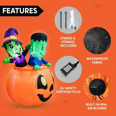 Joyfy 5 FT Tall Halloween Inflatables Outdoor Decorations, Inflatable Witch And Zombie On Pumpkin With LEDs For Halloween Party Yard Lawn Garden Decor - Image 5