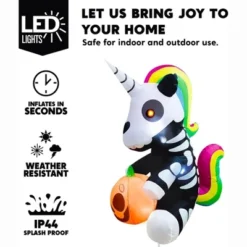 Joyfy 5 FT Halloween Inflatables Outdoor Decoration, Inflatable Sitting Skeleton Unicorn With LEDs For Halloween Party Outside Yard Garden Decorations