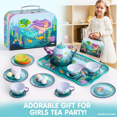 Joyfy Kid Tea Set, Mermaid Tea Party Set For Girls, Princess Pretend Play Tin Teapot Set Kitchen Toy For Girls Toddlers 2 3 4 5 6 Years Old - Image 3