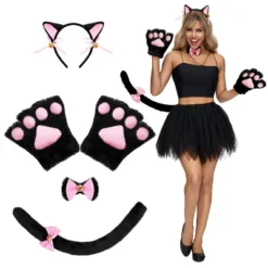 Joyfy 5 Pcs Kitty Cat Halloween Costume Accessory Set For Adult, Kids, Cat Ears Headband, Paws Gloves, Bow Tie, Tail, Cosplay Dress Up Party