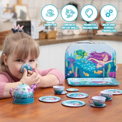 Joyfy Kid Tea Set, Mermaid Tea Party Set For Girls, Princess Pretend Play Tin Teapot Set Kitchen Toy For Girls Toddlers 2 3 4 5 6 Years Old - Image 6