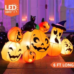 Joyfy 6 FT Long Halloween Inflatable Outdoor Decorations, 7 Pcs Inflatable Pumpkins With Black Cat For Halloween Party, Yard Garden Outdoor Decoration