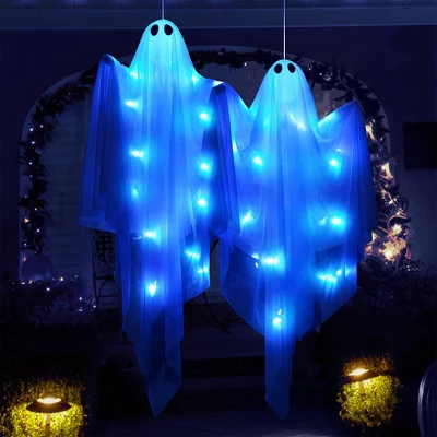 Joyfy 47” Halloween Hanging Ghost Outdoor Decoration, Flying Ghosts With Warm LED Light Party Decor Prop For Front Yard Patio Garden 2 Pack - Image 8