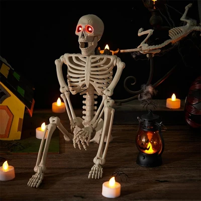 Joyfy 24'' Halloween Skeleton Decorations With LED Glowing Eyes Full Body Posable For Indoor/Outdoor Decor Spooky Scene Party Favors Graveyard Props - Image 5
