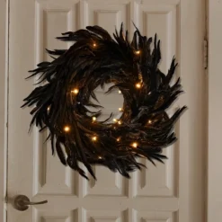 Joyfy Halloween Decorations 13.5in Black Feather Wreath, Party Decor Porch Patio Window Indoor Outdoor Decor, Halloween Wreath Props Party Favors