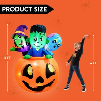Joyfy 5 FT Tall Halloween Inflatables Outdoor Decorations, Inflatable Witch And Zombie On Pumpkin With LEDs For Halloween Party Yard Lawn Garden Decor - Image 7