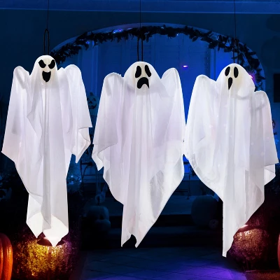 Joyfy 3Pcs Halloween Hanging Ghosts Outdoor Decorations, 27.5in White Flying Ghost Halloween Party Decor For Front Yard Patio Lawn Garden Trees - Image 6