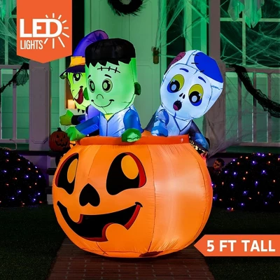 Joyfy 5 FT Tall Halloween Inflatables Outdoor Decorations, Inflatable Witch And Zombie On Pumpkin With LEDs For Halloween Party Yard Lawn Garden Decor - Image 2