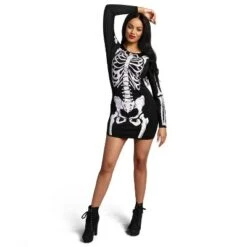 Joyfy Women's Glow In The Dark Skeleton Dress - Halloween Costume For Adults, Spooky Skeleton Bodysuit Party Outfit