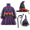 Joyfy Halloween Witch Costume For Child Girl Orange Purple Witch Costume Toddler Witch Outfit Set With Broom For Kids Halloween Party