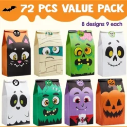 Joyfy Halloween Party Favors 72PCS Halloween Trick Or Treat Candy Bag Pastries Goodie Paper Bags With Stickers For Kids Exchange Supplies 6 Styles