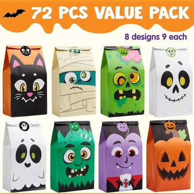 Joyfy Halloween Party Favors 72PCS Halloween Trick Or Treat Candy Bag Pastries Goodie Paper Bags With Stickers For Kids Exchange Supplies 6 Styles