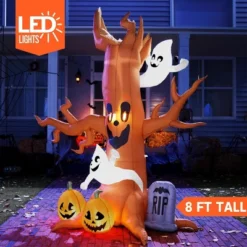 Joyfy 8 FT Halloween Inflatable Outdoor Decorations, Scary Tree With Ghost Pumpkin And Tombstone Inflatables With LEDs For Yard Garden Lawn Decoration