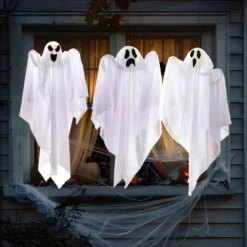 Joyfy 3Pcs Halloween Hanging Ghosts Outdoor Decorations, 27.5in White Flying Ghost Halloween Party Decor For Front Yard Patio Lawn Garden Trees