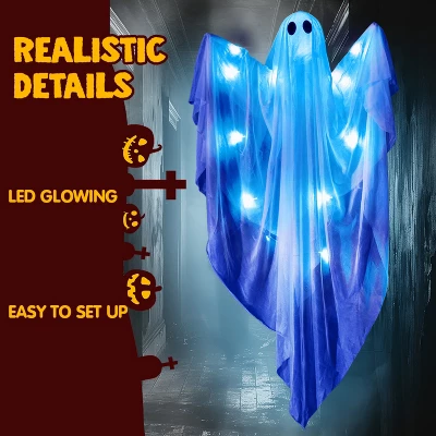Joyfy 47” Halloween Hanging Ghost Outdoor Decoration, Flying Ghosts With Warm LED Light Party Decor Prop For Front Yard Patio Garden 2 Pack - Image 2