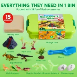 Joyfy Dinosaur Sensory Bin For Child, Play Sand Toy With Glow-in-The-Dark Dinosaurs, Sandbox With Lid Sand, Gift For Boys Girls Age 3+