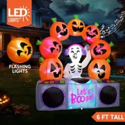 Joyfy 6FT Tall Halloween Inflatable Outdoor Decoration, Inflatable Skeleton Pumpkins With Colorful LEDs And Music For Halloween Yard Garden Lawn Decor