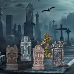 Joyfy 5pcs 17" Halloween Foam RIP Graveyard Tombstones With 12 Metal Stakes, Halloween Tombstones Cemetery Decorations For Haunted House Yard Lawn