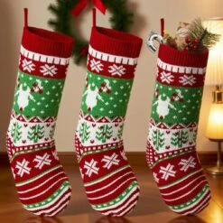Joyfy 3 Pack Knit Christmas Stockings, Red & Green Large Rustic Cable Knit Xmas Stocking For Christmas Holiday Decoration