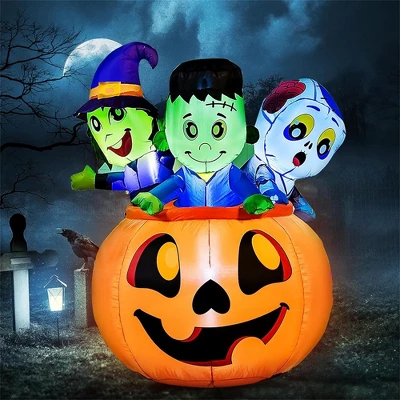 Joyfy 5 FT Tall Halloween Inflatables Outdoor Decorations, Inflatable Witch And Zombie On Pumpkin With LEDs For Halloween Party Yard Lawn Garden Decor - Image 4