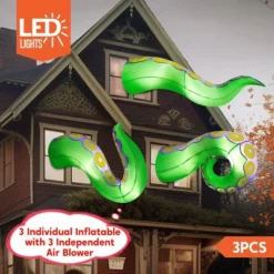 Joyfy 3 Pcs Halloween Inflatable Outdoor Decorations, Giant Octopus Tentacle With Built-in LEDs Broke Out From Window For Halloween Window Roof Decor